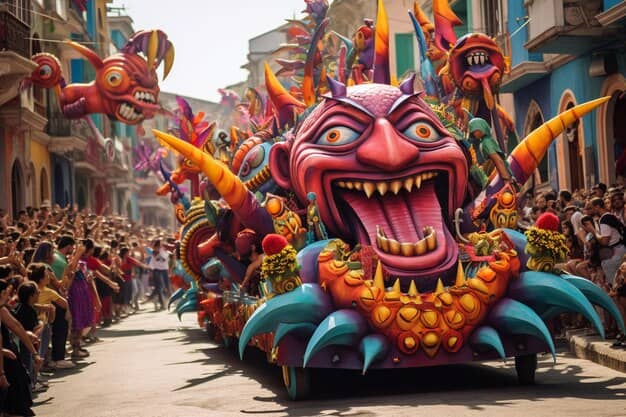 vibrant street parade with colorful floats performers celebrating
